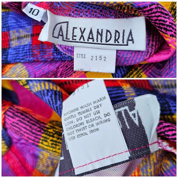 VTG Satin Plaid Blouse Size 10 Alexandria Pink Yellow Red Blue Bright Vintage - Picture 1 of 7